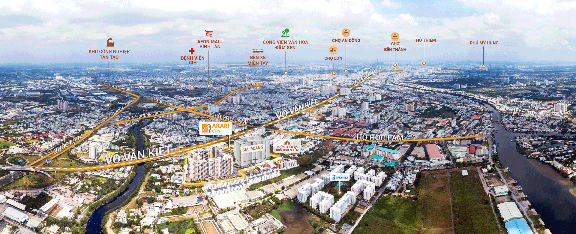 Bản đồ vị tr&iacute; thực tế dự &aacute;n Akari City B&igrave;nh T&acirc;n tr&ecirc;n mặt tiền đại lộ V&otilde; Văn Kiệt v&agrave; c&aacute;c trục đường huyết mạch.